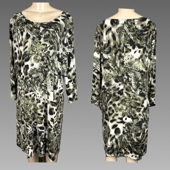 Citiknits XL Green-Black Animal Print Crew Neckline 3/4 Sleeve Above Knee Dress - Picture 1 of 6